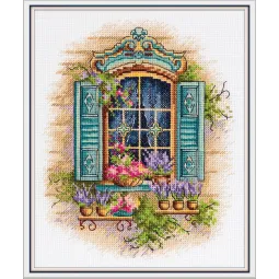 Kit de point de croix "Fenêtre et fleurs" 18 x 21 cm PDE-7433