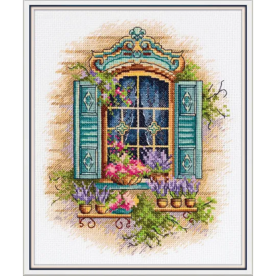 Kit de point de croix "Fenêtre et fleurs" 18 x 21 cm PDE-7433