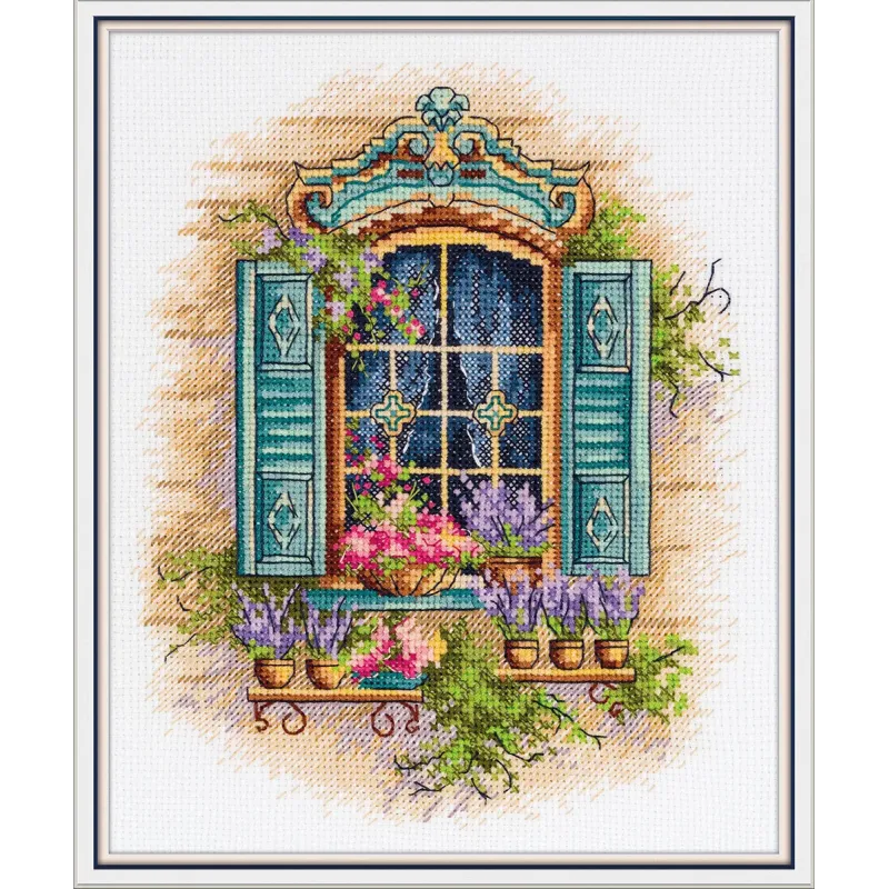 Kit de point de croix "Fenêtre et fleurs" 18 x 21 cm PDE-7433