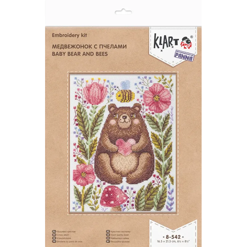 Набор для вышивания крестом KLART "Медвежонок с пчелами" 16,5 x 21,5 см KL8-542
