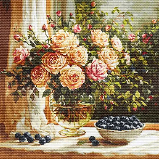 Kreuzstich-Set „Vase mit Rosen und Blaubeeren“ 35 x 35 cm SB719