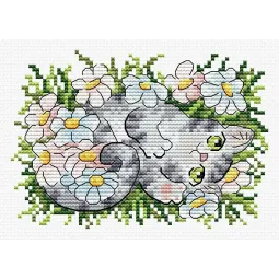 Water-soluble canvas cross stitch kit "Kitten in daisies" SV-682