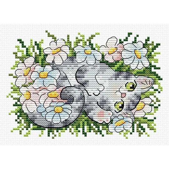 Kit de point de croix sur toile hydrosoluble "Chaton dans les marguerites" SV-682