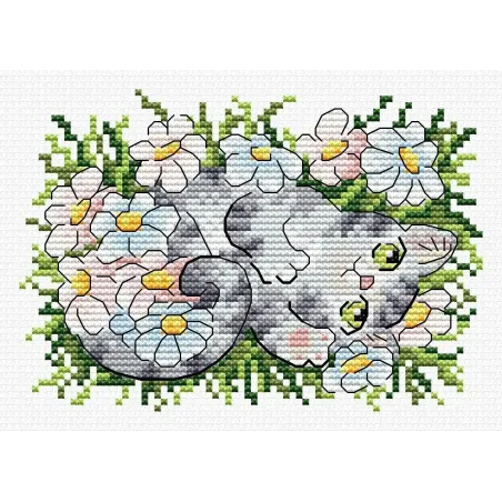 Kit de point de croix sur toile hydrosoluble "Chaton dans les marguerites" SV-682