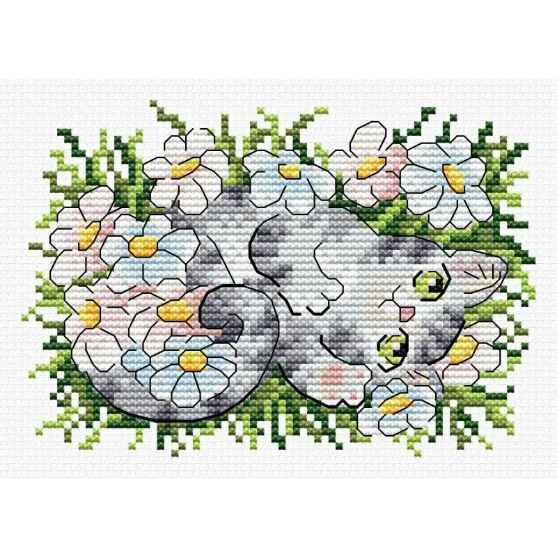 Kit de point de croix sur toile hydrosoluble "Chaton dans les marguerites" SV-682