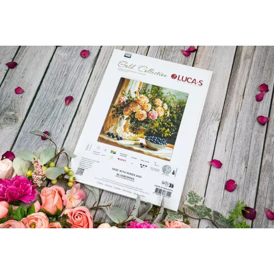 Cross Stitch Kit "Vase with Roses and Blueberries" 22 x 22 cm SG719