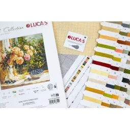 Kryželiu siuvinėjimo rinkinys "Vaza su rožėmis ir mėlynėmis" 22 x 22 cm SG719