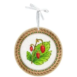 Cross-stich on wooden base "Miniature. Summer berries. Strawberries" 10x10 cm SO-133