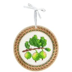 Cross-stich on wooden base "Miniature. Country berries. Gooseberries" 10x10 cm SO-130