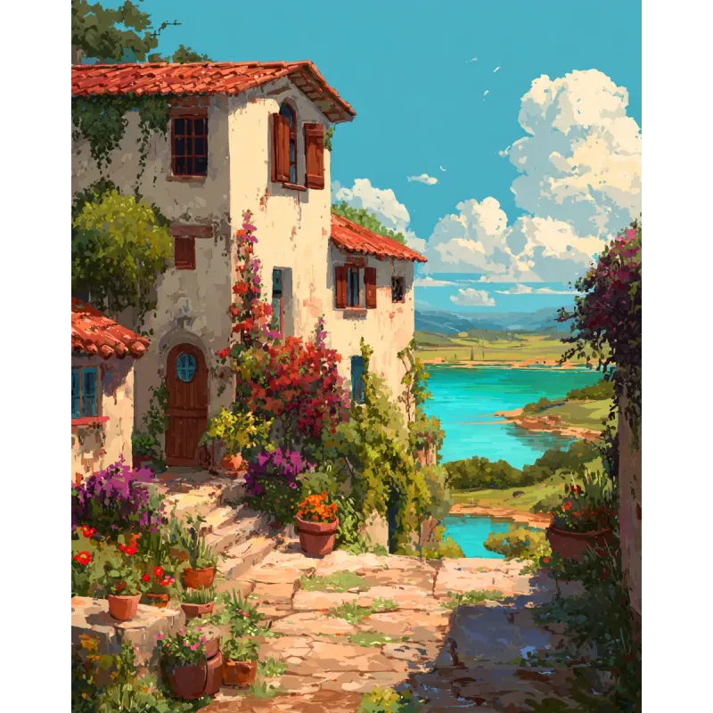 Peinture diamantée avec sous-châssis "Villa au bord du lac" 40x50 cm DP441