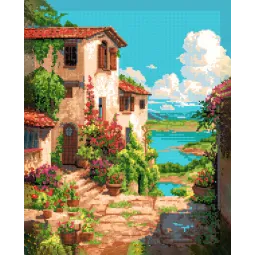 Peinture diamantée avec sous-châssis "Villa au bord du lac" 40x50 cm DP441