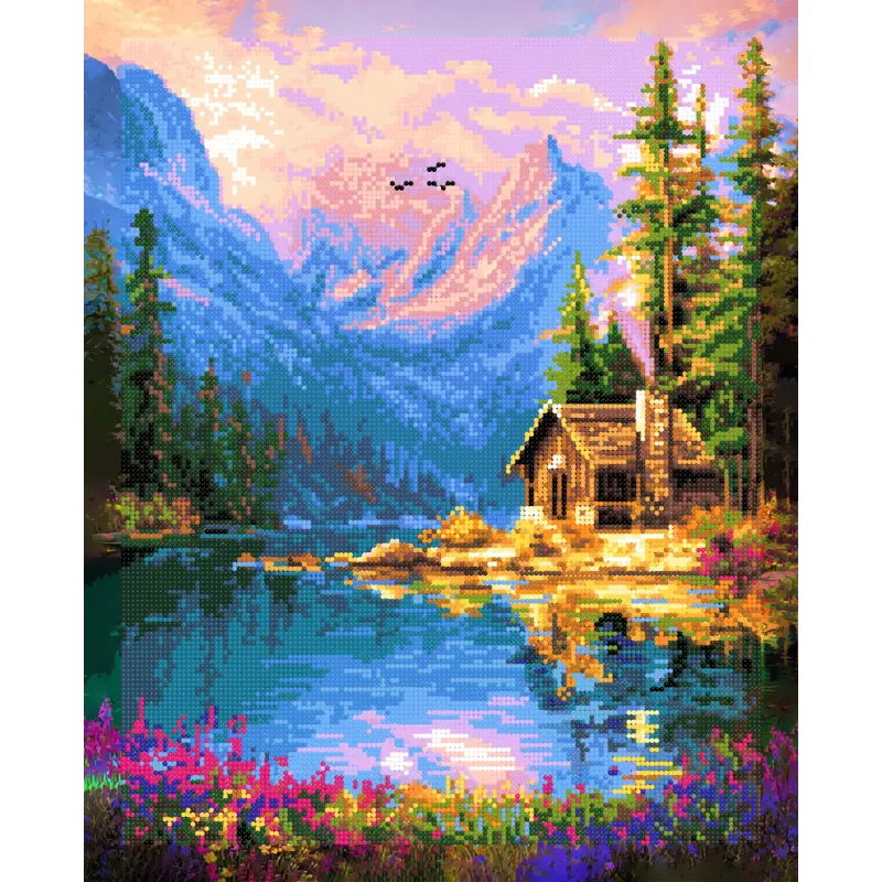 Peinture diamant avec sous-cadre "Maison au bord du lac" 40x50 cm DP434