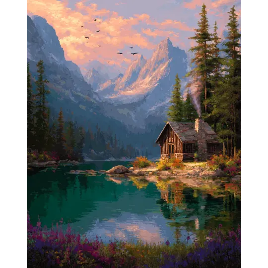 Peinture diamant avec sous-cadre "Maison au bord du lac" 40x50 cm DP434