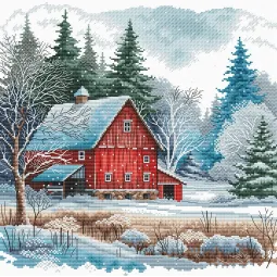 La cabane rouge sous la neige - Kit de point de croix AVA-P044