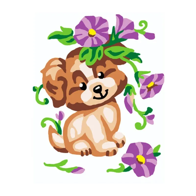 Tapestry Kit with printed canvas 14x18 Puppy with Flowers CDA3328K