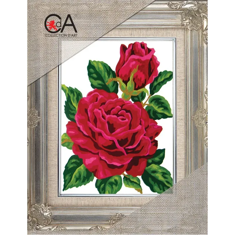 Gobelin-Set mit bedruckter Leinwand 14x18 Rote Rose und Rosenknospe CDA3285K