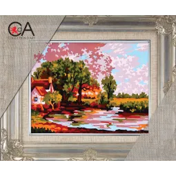 Tapestry Kit with printed canvas 14x18 Village pond CDA3294K