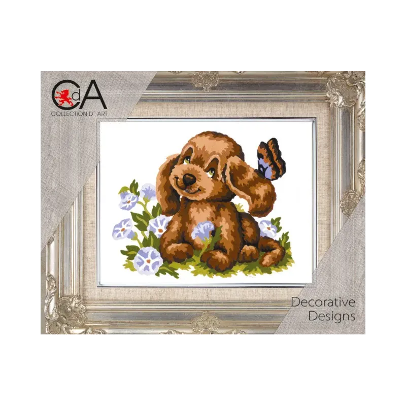 Kit de tapisserie avec toile imprimée 14x18 Chiot et Papillon CDA3191K