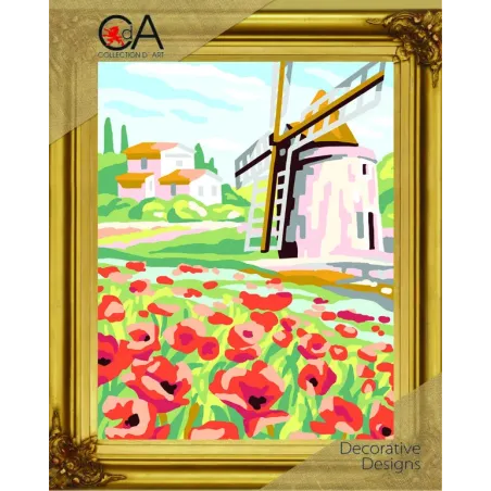 Gobelin-Set mit bedruckter Leinwand 22x30 Windmühle und Mohnblumen CDA6310K