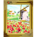 Gobelin-Set mit bedruckter Leinwand 22x30 Windmühle und Mohnblumen CDA6310K