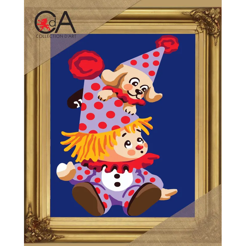 Gobelin-Set mit bedruckter Leinwand 22x30 Clown mit Welpen CDA6305K