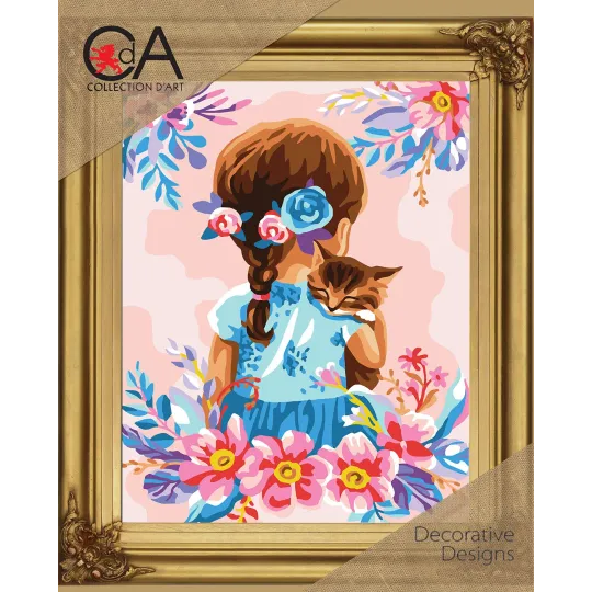Kit de tapisserie avec toile imprimée 22x30 Fille avec un chaton CDA6335K