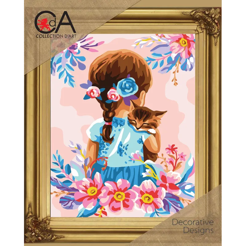 Kit de tapisserie avec toile imprimée 22x30 Fille avec un chaton CDA6335K