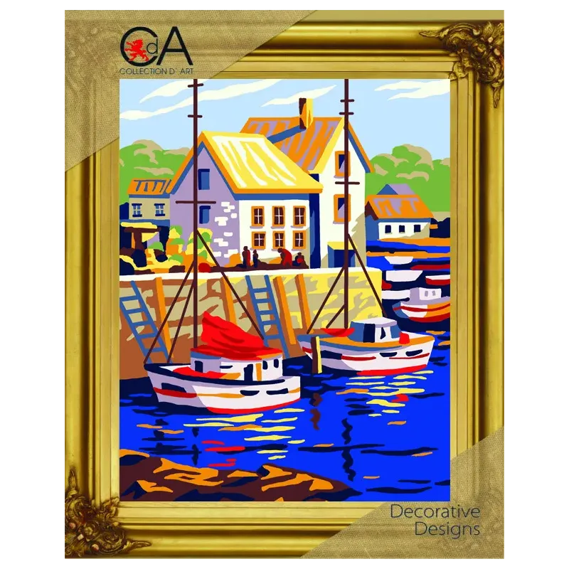 Kit de tapisserie avec toile imprimée 22x30 Bateaux dans petit port CDA6293K