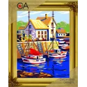 Gobelin-Set mit bedruckter Leinwand 22x30 Boote in kleinem Hafen CDA6293K