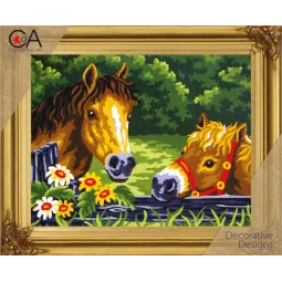 Kit Tapisserie avec toile imprimée 22x30 Poneys au Paddock CDA6235K