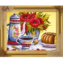 Kit de tapisserie avec toile imprimée 22x30 Coquelicots à l'heure du café CDA6234K