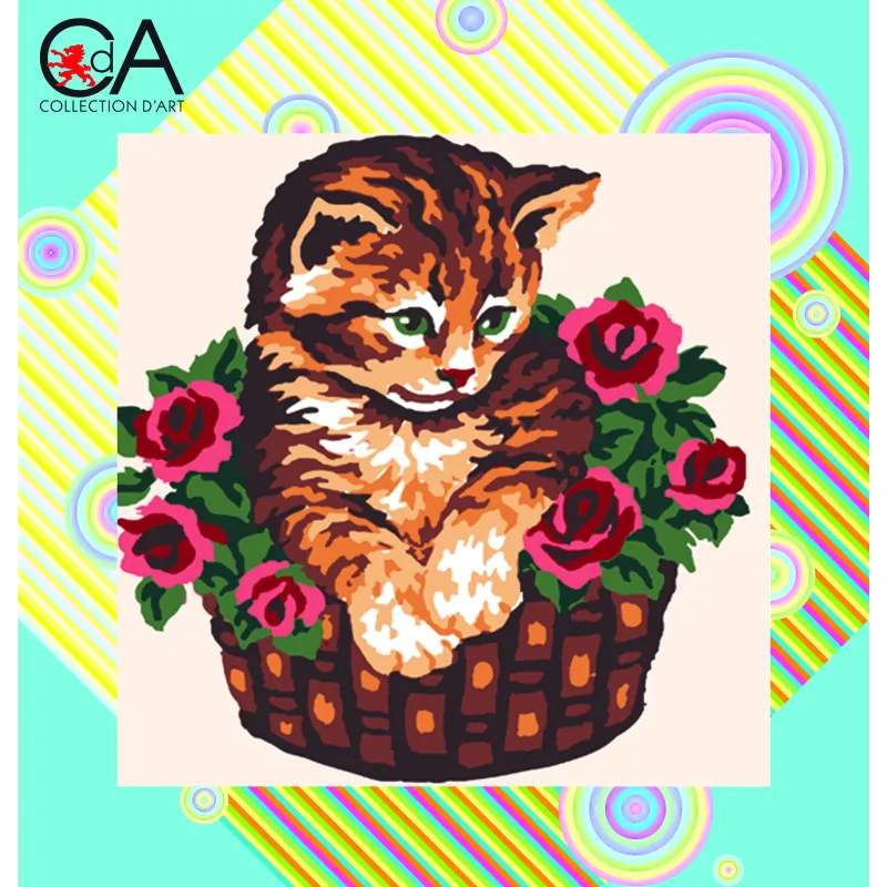 Kit de tapisserie avec toile imprimée 19x19 Chaton dans un panier CDA4013K
