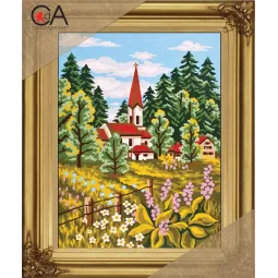 Gobelin-Set mit bedruckter Leinwand 22x30 Kapelle auf den Feldern CDA6143K