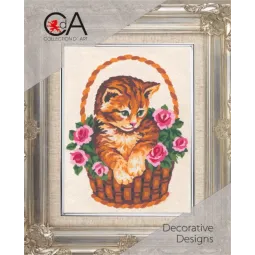 Tapestry Kit with printed canvas 14x18 Kitten in Rose Basket CDA3138K
