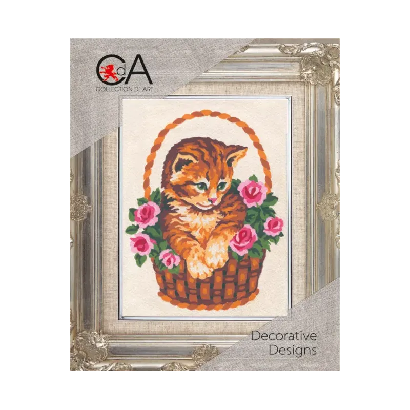 Gobeleno rinkinys su spausdintu drobė 14x18 Kitten in Rose Basket CDA3138K