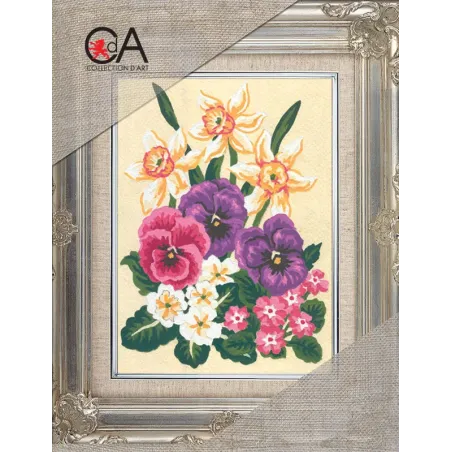 Kit de tapisserie avec toile imprimée 14x18 Narcisses et Pensées CDA3117K