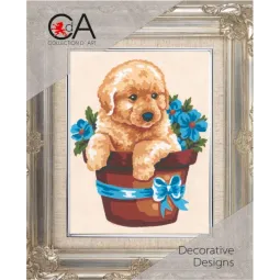 Tapestry Kit with printed canvas 14x18 Puppy in Flower Pot CDA3140K
