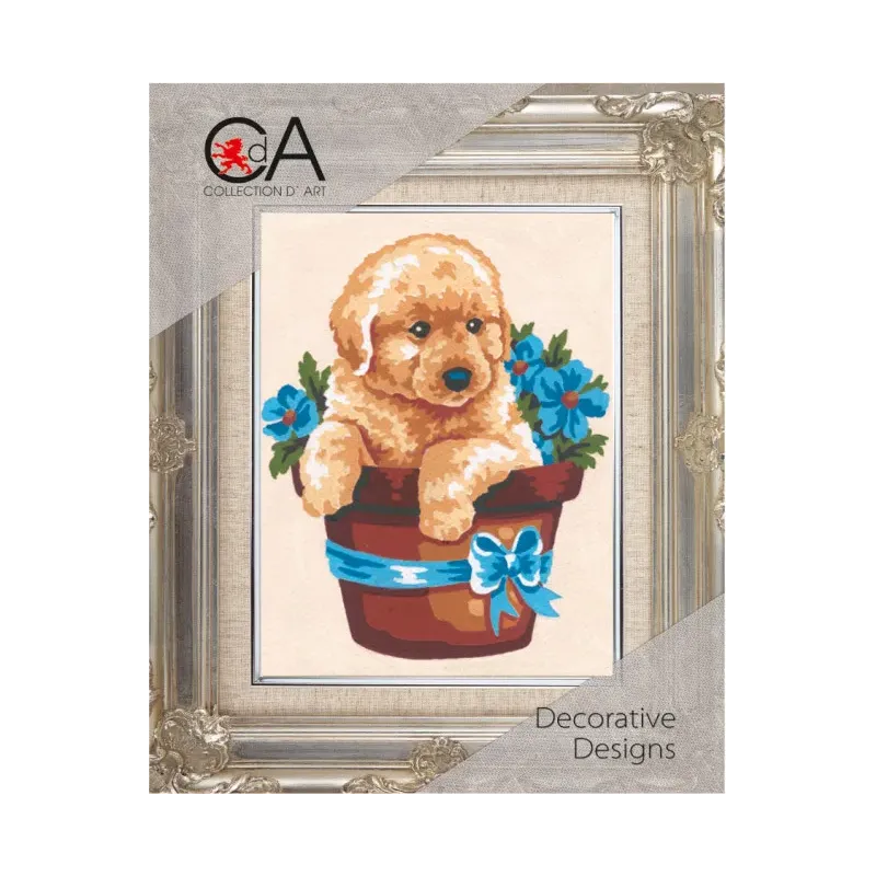 Tapestry Kit with printed canvas 14x18 Puppy in Flower Pot CDA3140K