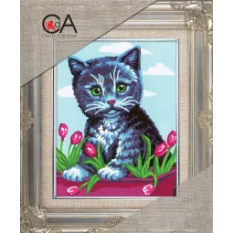Kit tapisserie avec toile imprimée 14x18 Chaton dans les tulipes CDA3090K