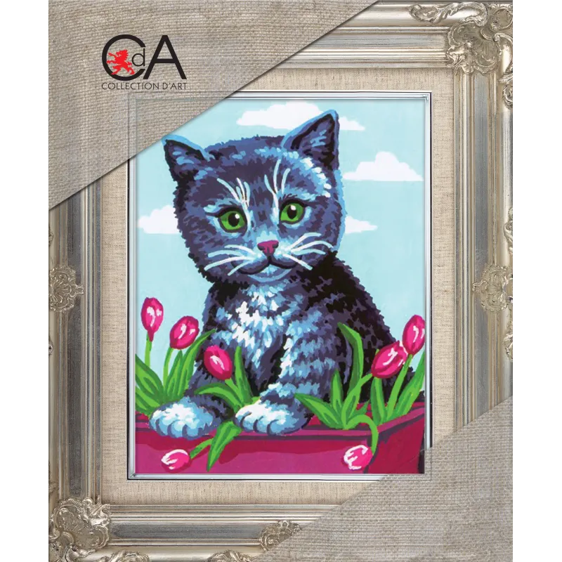 Kit tapisserie avec toile imprimée 14x18 Chaton dans les tulipes CDA3090K