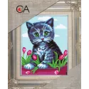 Tapestry Kit with printed canvas 14x18 Kitten in tulips CDA3090K