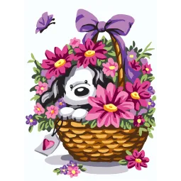 Gedruckte Leinwand 22x30 Welpe in einem Blumenkorb CDA6308