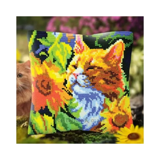 Kit coussin "Chat dans les tournesols" 40 x 40 cm CDA5502