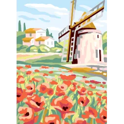 Bedruckte Leinwand 22x30 Windmühle und Mohnblumen CDA6310