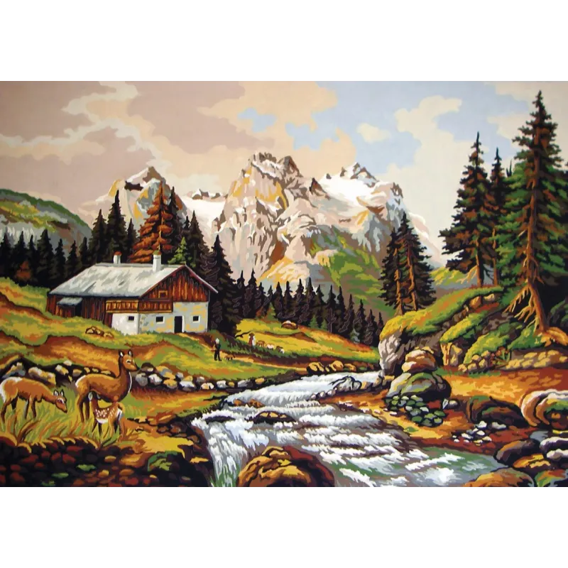 Spausdinta drobė 50x70 Kalnų namelis prie upelio CDA12974