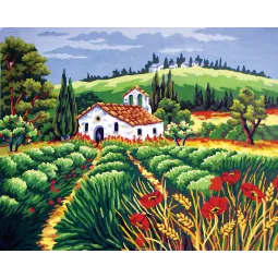 Spausdintas drobė 50x40 Bažnyčia aguonų lauke CDA11556