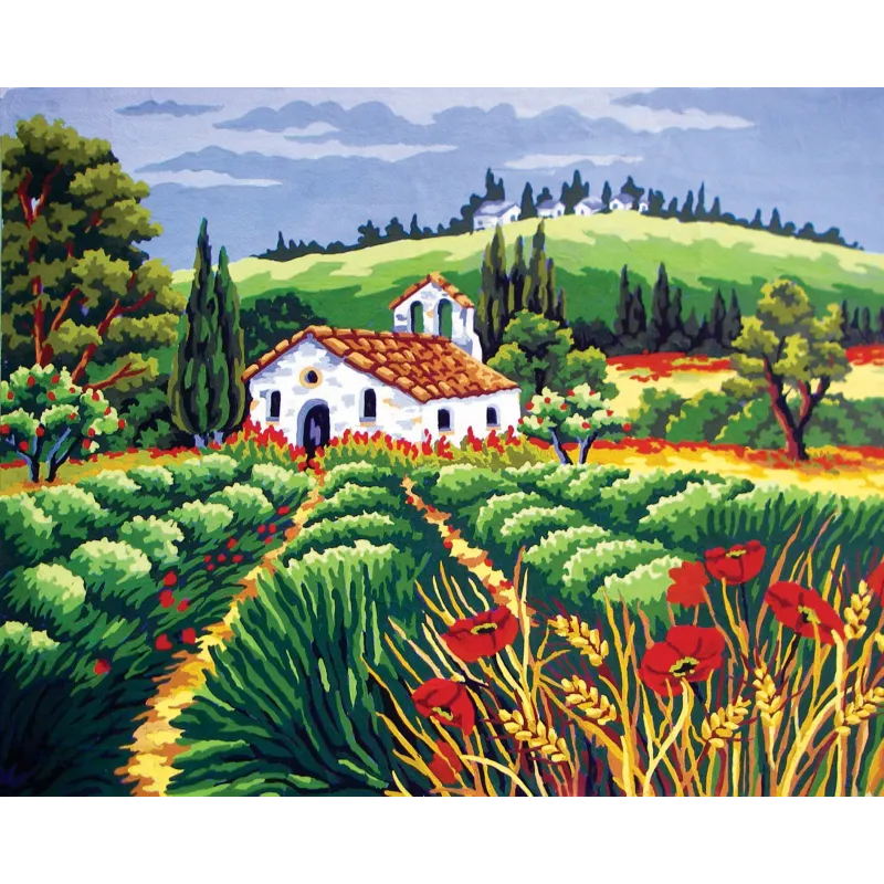 Bedruckte Leinwand 50x40 Kirche im Mohnfeld CDA11556