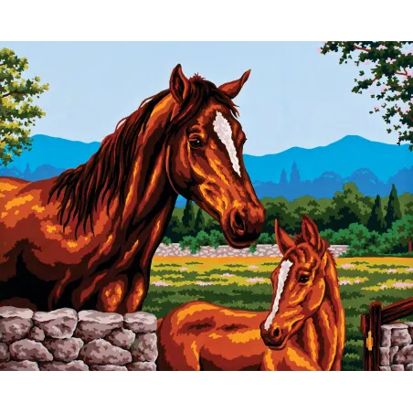 Printed Canvas 50x40 Mare and Foal by the Stone Wall CDA11494