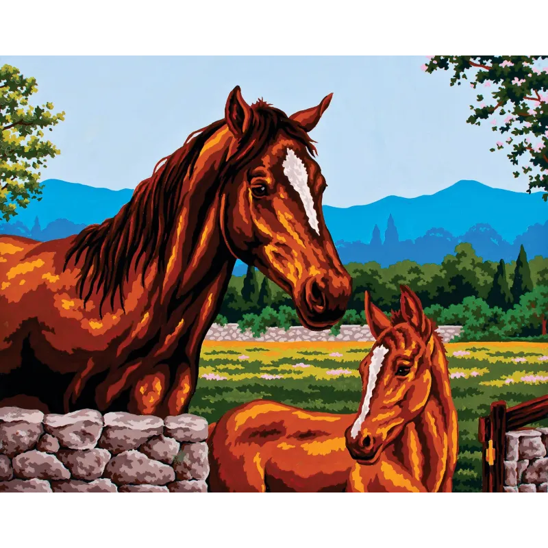 Printed Canvas 50x40 Mare and Foal by the Stone Wall CDA11494