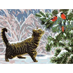 Холст с печатью 40x30 Кошка со снегирями CDA10513W